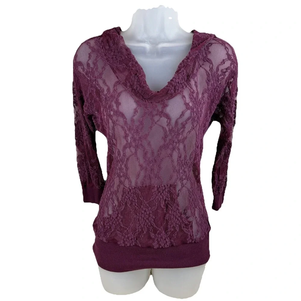 Vanity Y2K Burgundy Women's Grunge Sheer Lace 3/4 Sleeved Hoodie Cowl Neck Sz M - Picture 1 of 8
